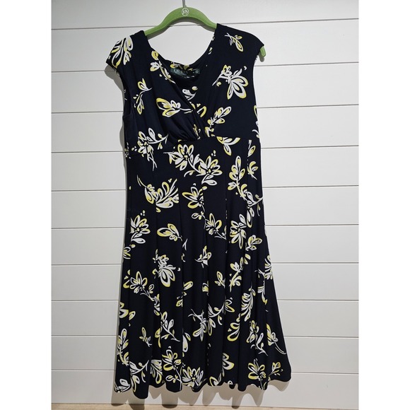 Ralph Lauren Floral Stretch Fit & Flare Cap Sleeve Dress Navy Yellow Woman's 10 - Picture 1 of 4